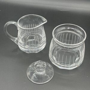 Vintage Crystal Clear Glass Cream and Sugar Faceted Lined Set 3 pc Set